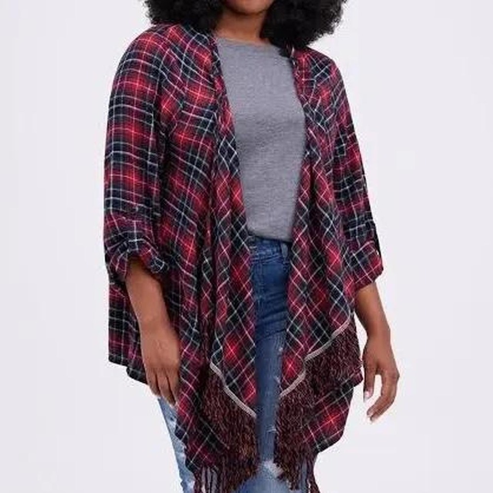 Torrid Red plaid cardigan with fringe size 2 plus